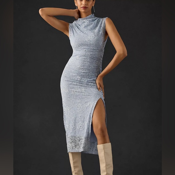 Anthropologie Dresses & Skirts - Anthropologie The Maya Ruched Cowl-Neck Dress: Lace Edition Blue Women’s - Large